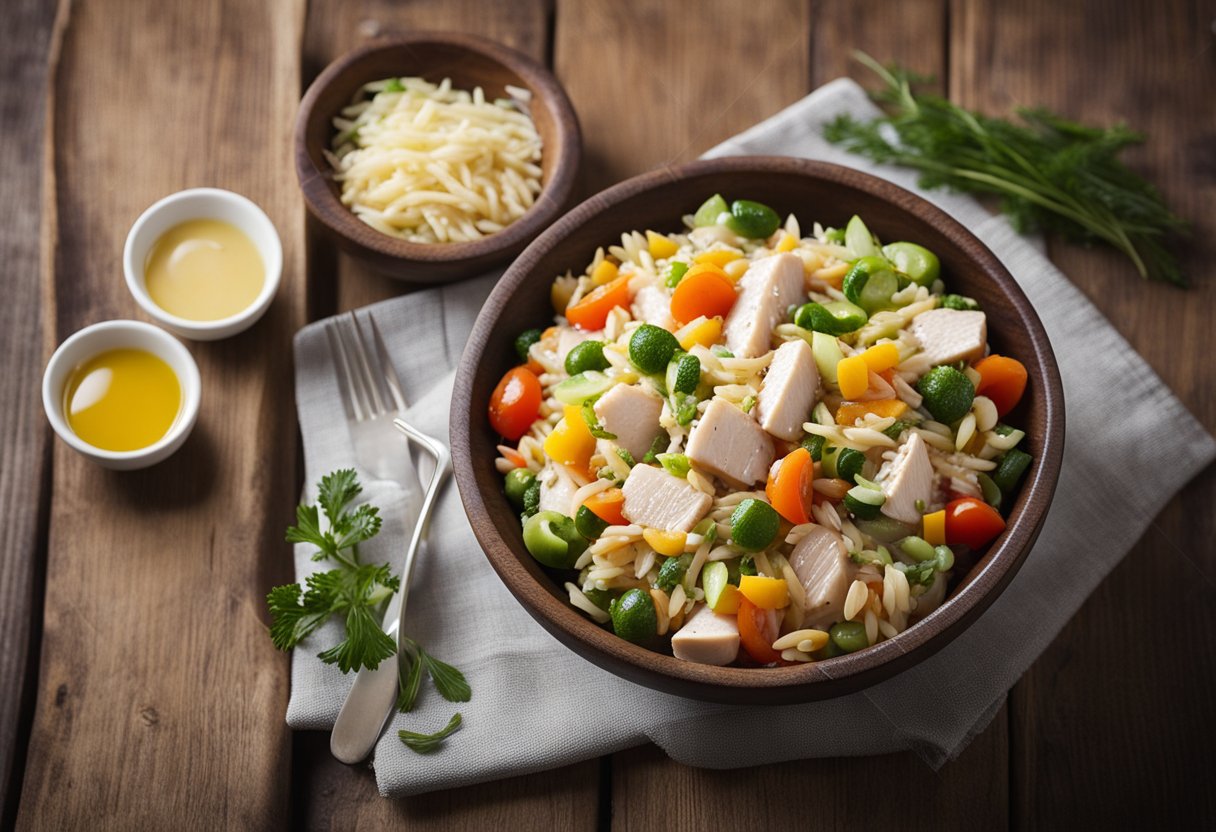 A colorful bowl of chicken orzo salad with mixed vegetables and herbs, drizzled with vinaigrette, sitting on a wooden table
