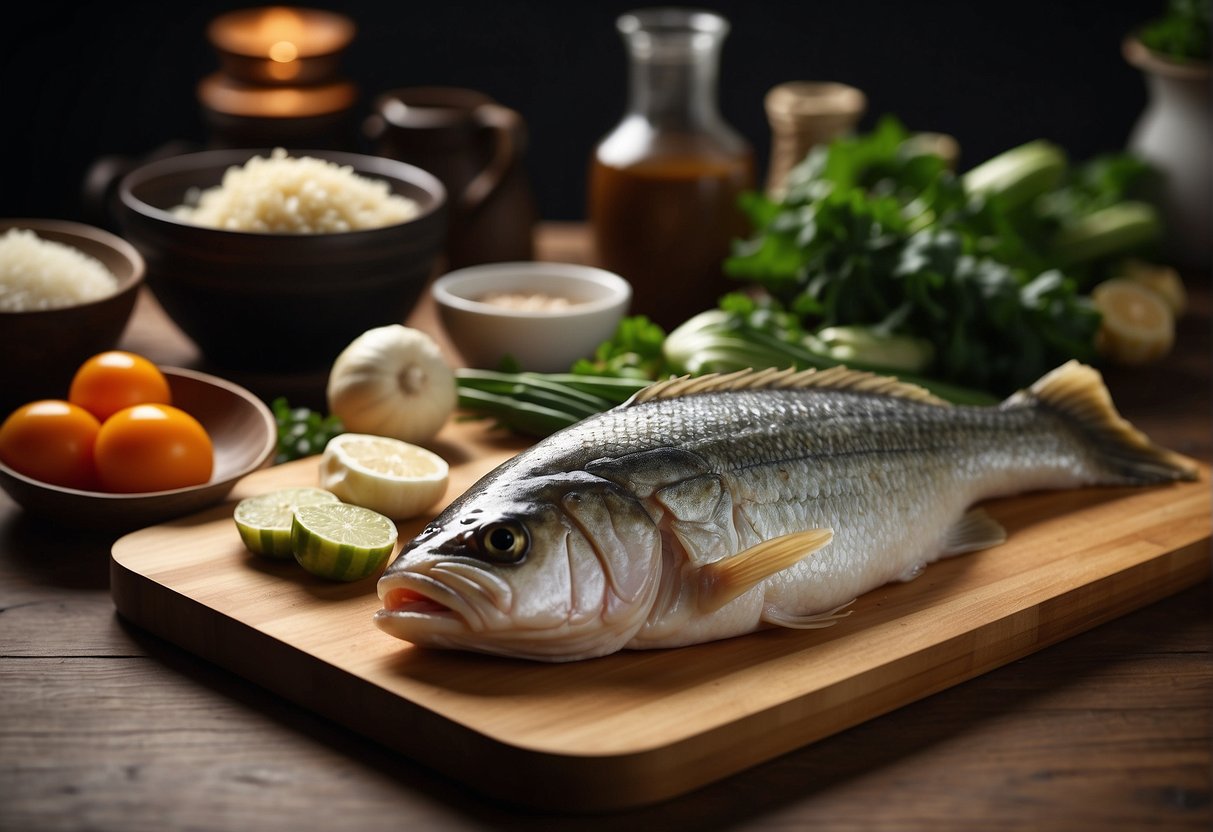 Chinese sea bass soup ingredients arranged on a cutting board, with a whole sea bass, ginger, scallions, and spices