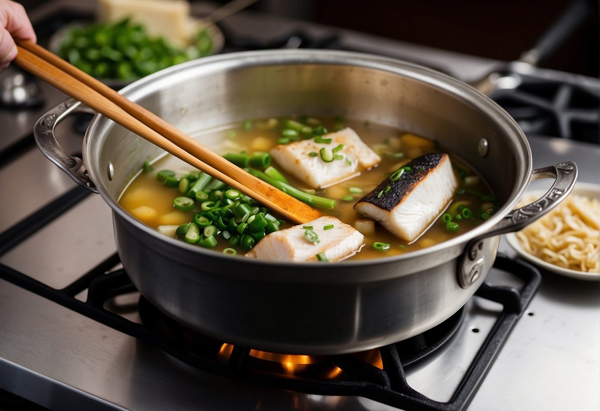 A large pot simmers on a stove. Chinese sea bass, ginger, and scallions float in a fragrant broth. A ladle hovers over the pot, ready to serve