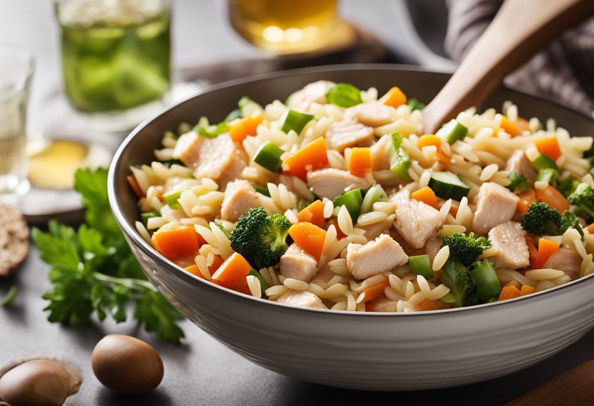 A bowl of cooked orzo, diced chicken, and mixed vegetables being tossed together with a light vinaigrette dressing in a large salad bowl
