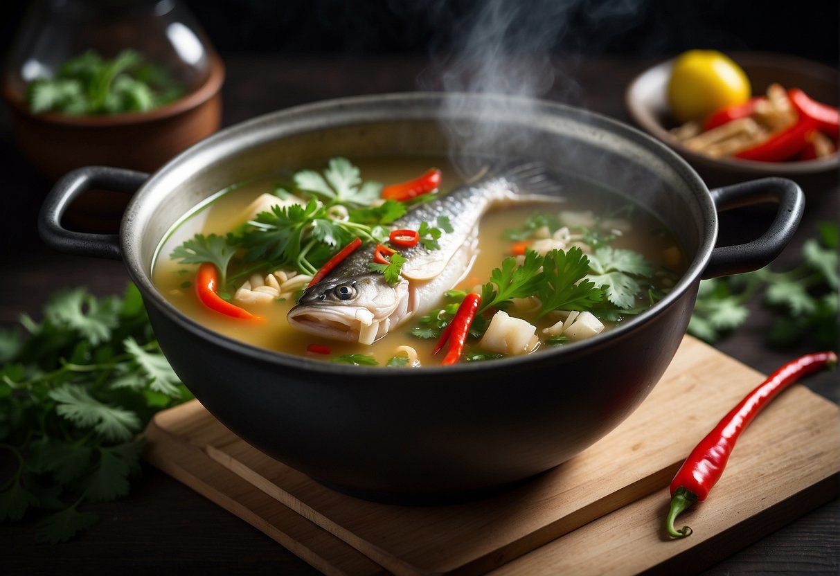 A steaming pot of Chinese sea bass soup with fragrant herbs and spices, garnished with fresh cilantro and slices of red chili