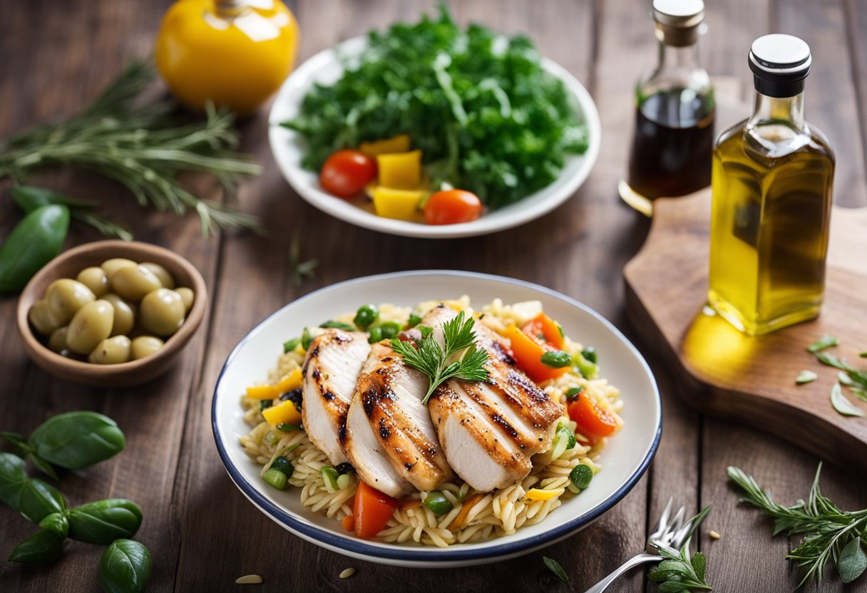 Freshly grilled chicken sliced on a cutting board. Orzo pasta mixed with colorful vegetables and herbs in a large bowl. Bottles of olive oil and balsamic vinegar nearby