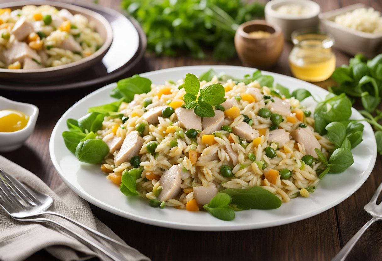 A colorful platter of chicken orzo salad, garnished with fresh herbs and drizzled with vinaigrette, is elegantly presented on a white serving dish