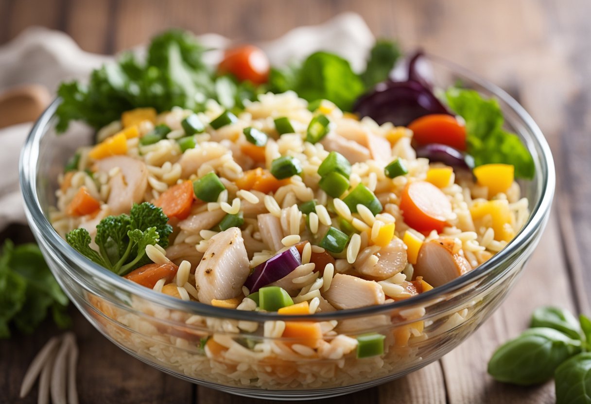 A glass bowl filled with chicken orzo salad sits on a wooden table next to a stack of food storage containers. The salad is topped with colorful vegetables and drizzled with a vinaigrette dressing