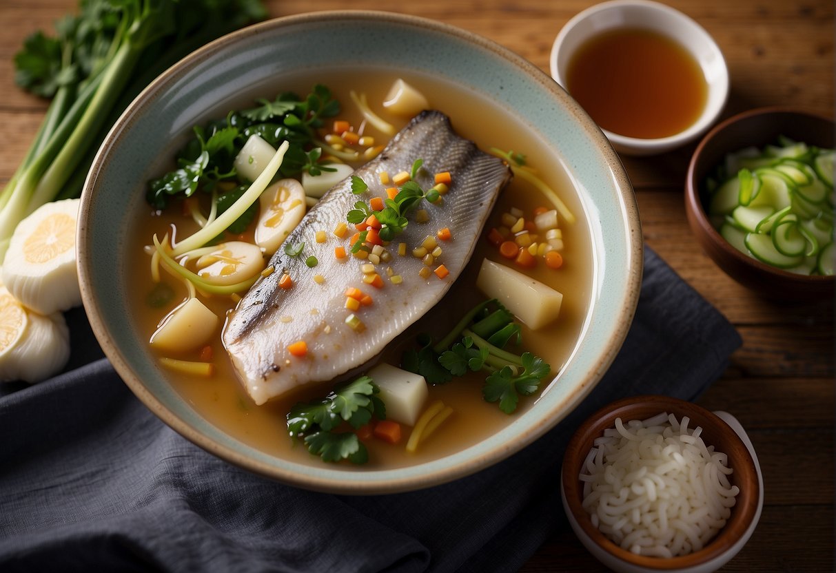 A steaming bowl of Chinese sea bass soup surrounded by ingredients like ginger, scallions, and bok choy. A spoon rests on the side, ready to be used