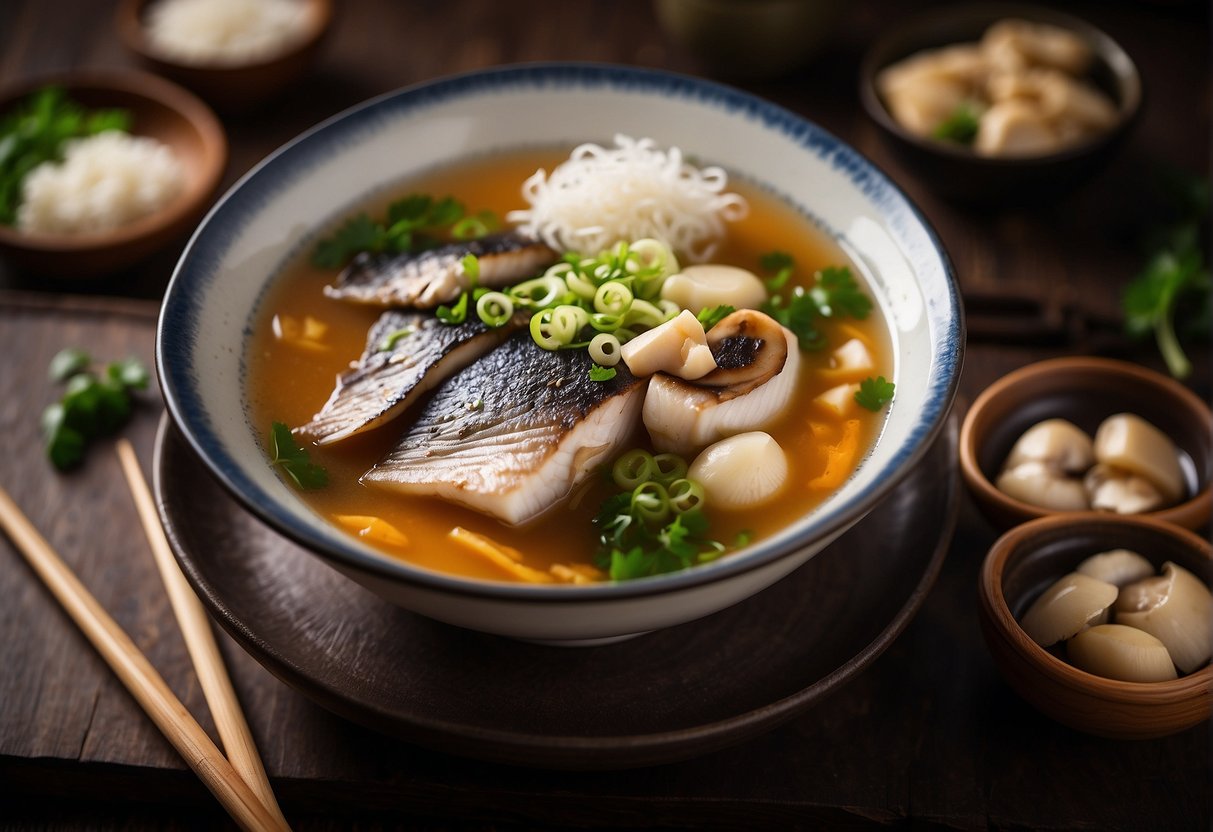 A steaming bowl of Chinese sea bass soup surrounded by ingredients like ginger, scallions, and mushrooms, with a pair of chopsticks resting on the edge of the bowl