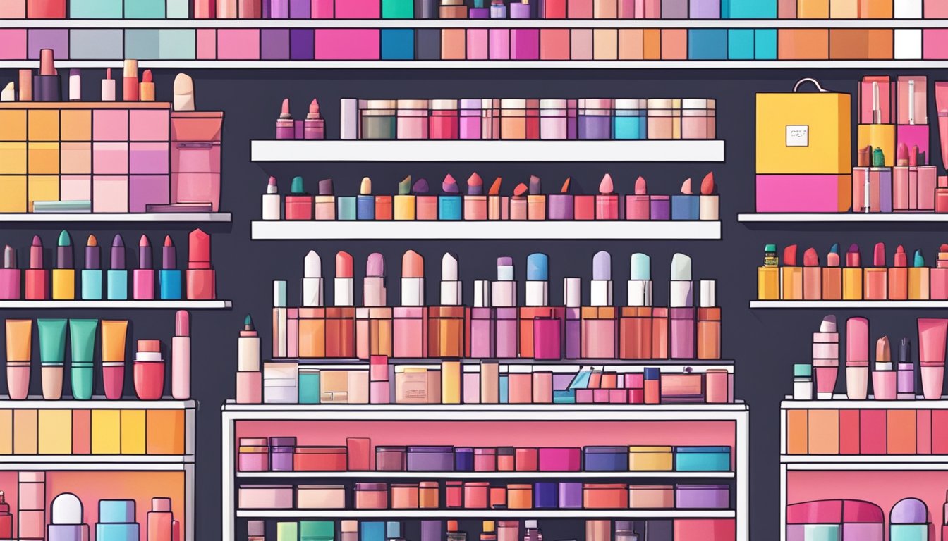 A colorful display of Korean makeup brands arranged on a sleek, modern counter. Brightly colored lipsticks, eyeshadow palettes, and skincare products line the shelves, with elegant branding and minimalist packaging