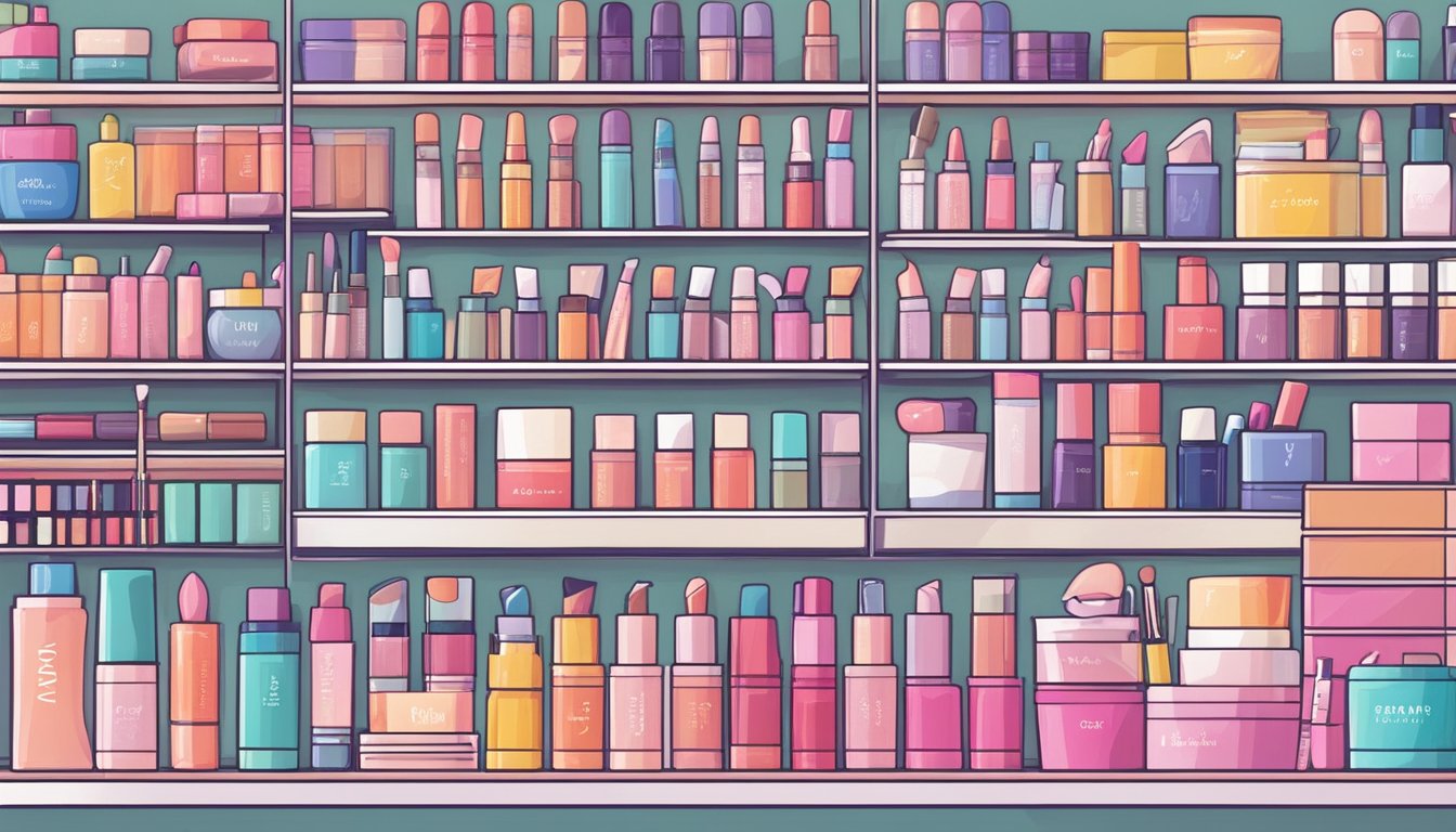 A vibrant display of K-Beauty makeup brands on shelves, showcasing colorful packaging and innovative products, with the words "K-Beauty" prominently featured