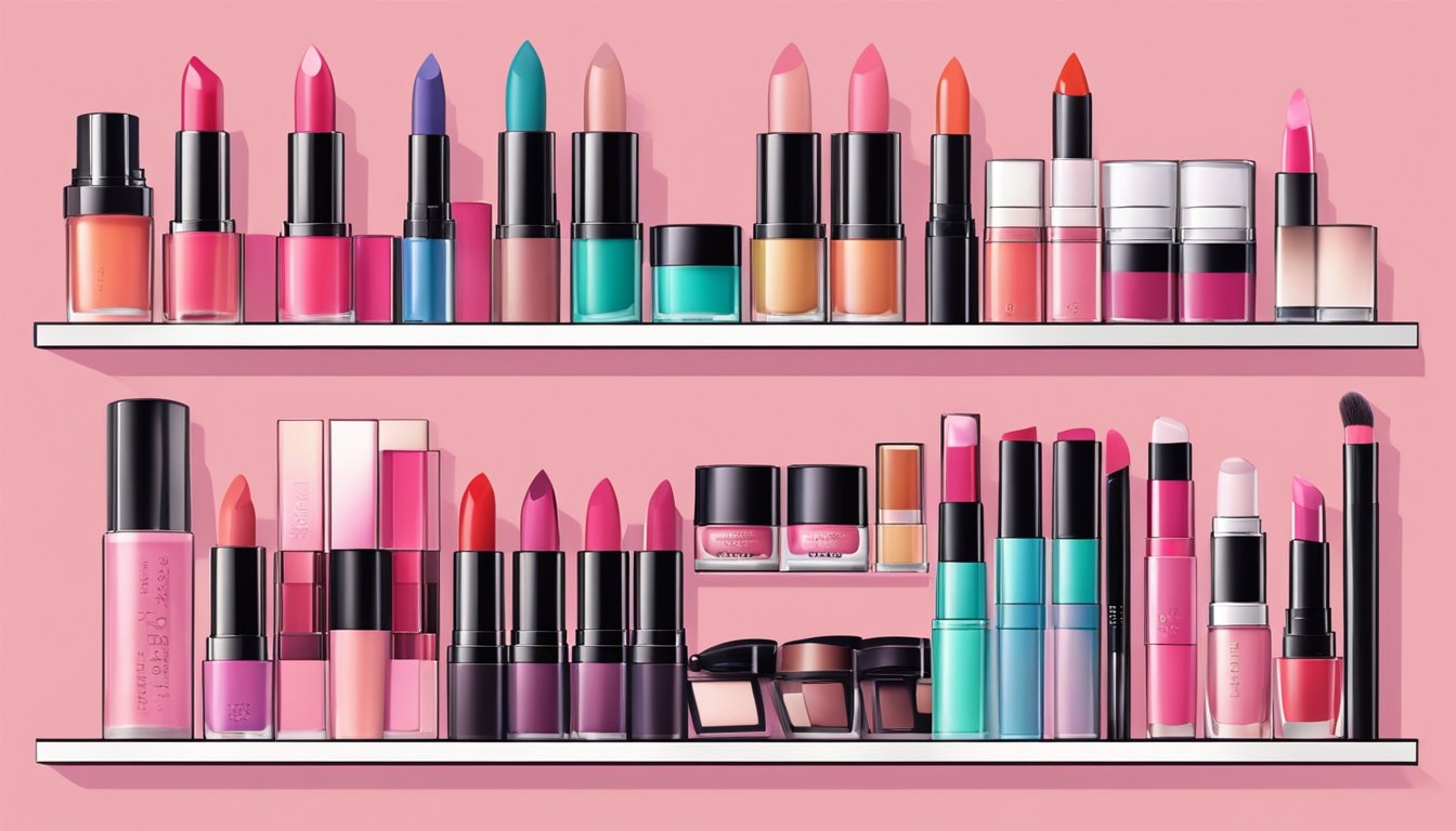 A colorful array of Korean makeup products displayed on a sleek, modern shelf. Brightly labeled lipsticks, eyeshadows, and blushes catch the eye