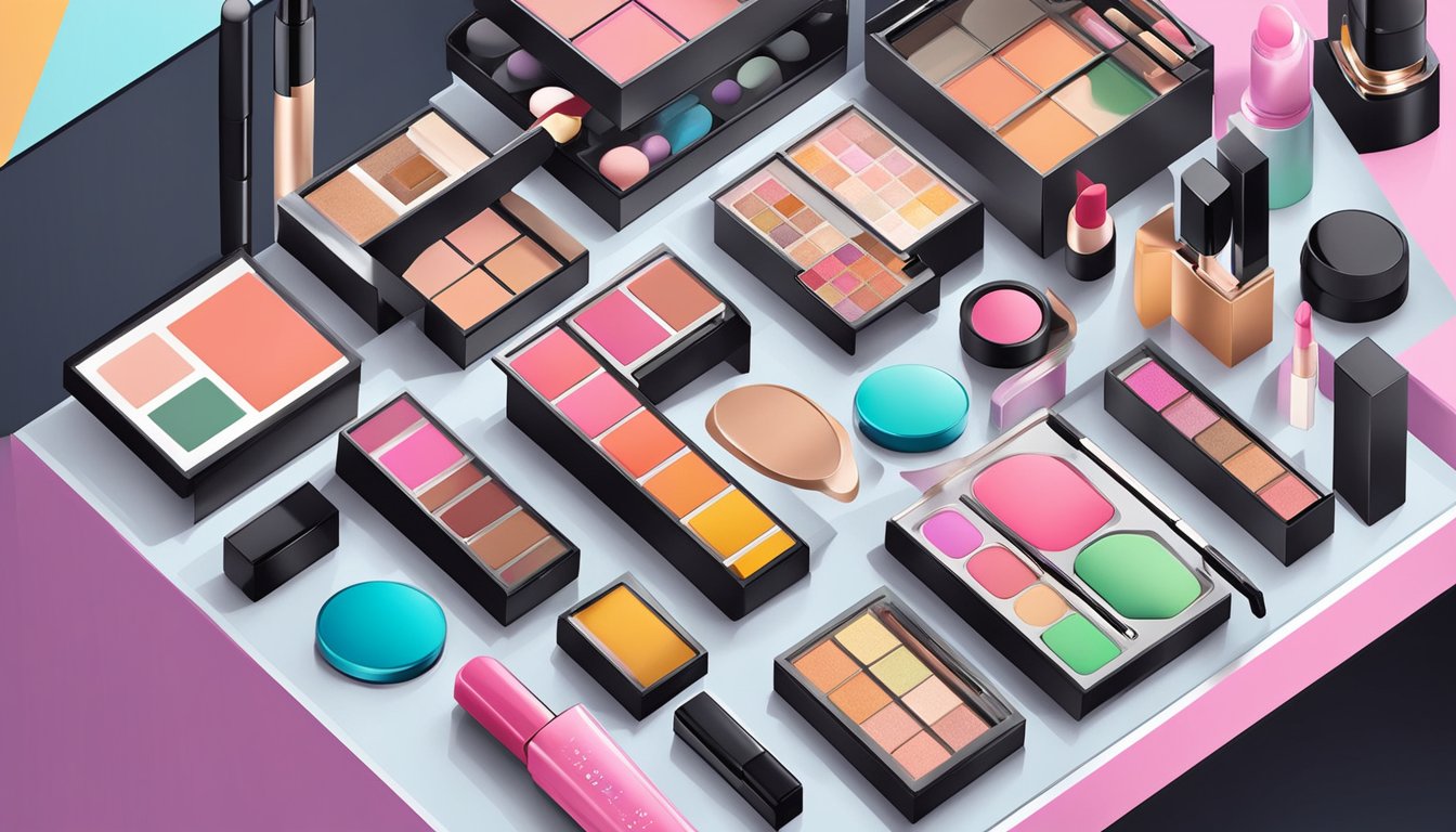 A colorful array of Korean makeup products arranged on a sleek, modern display, showcasing the latest innovations in beauty