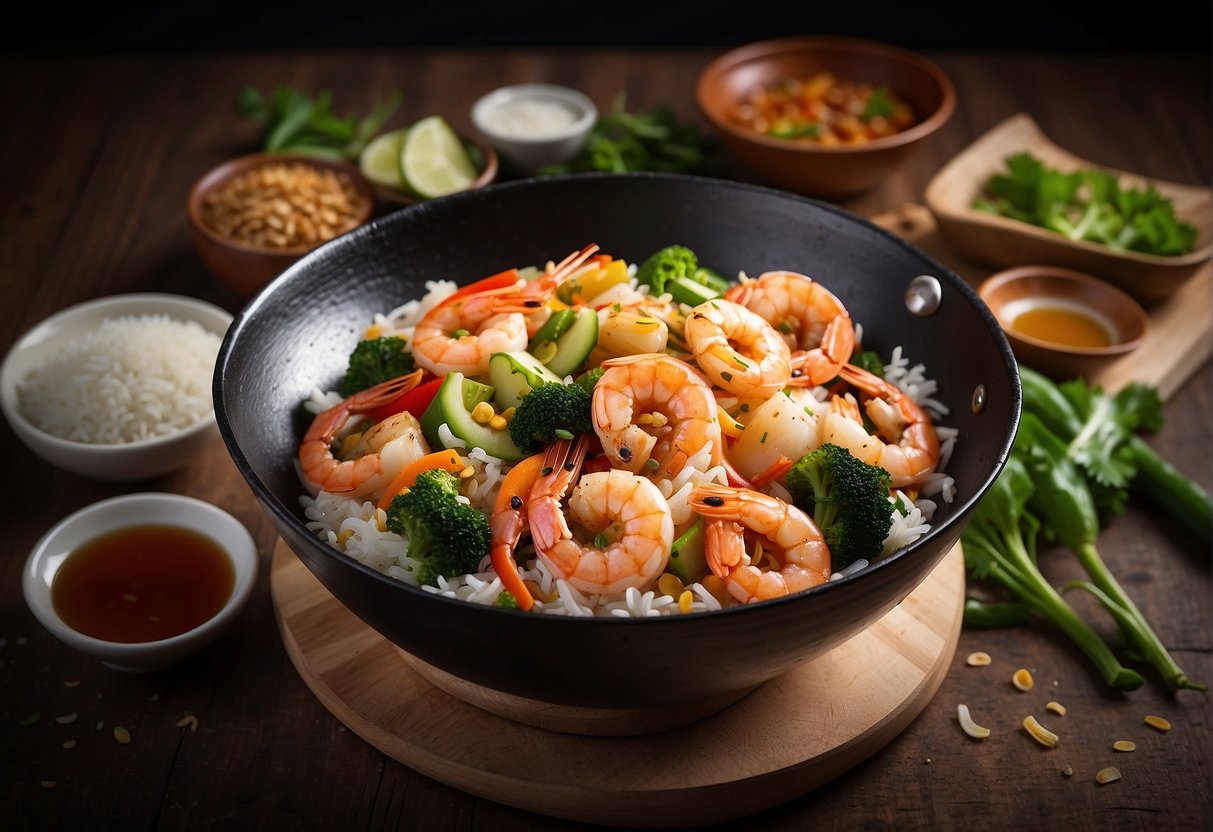 A wok sizzles with shrimp, squid, and vegetables tossed with fluffy rice in a fragrant blend of soy sauce and sesame oil