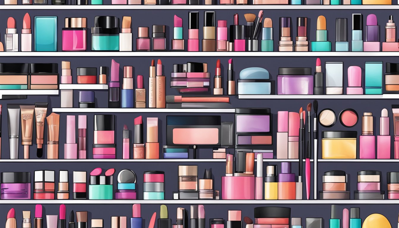 A colorful array of Korean makeup products arranged on a sleek, modern display shelf, featuring trendy shades and must-have items