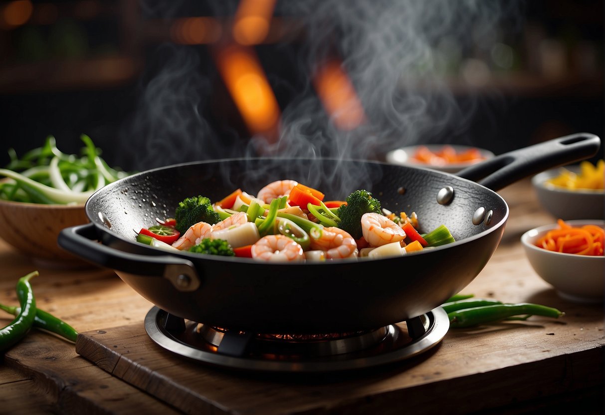 A wok sizzles with fresh seafood, stir-fried in a fragrant blend of ginger, garlic, and soy sauce. Green onions and bell peppers add color and crunch to the dish