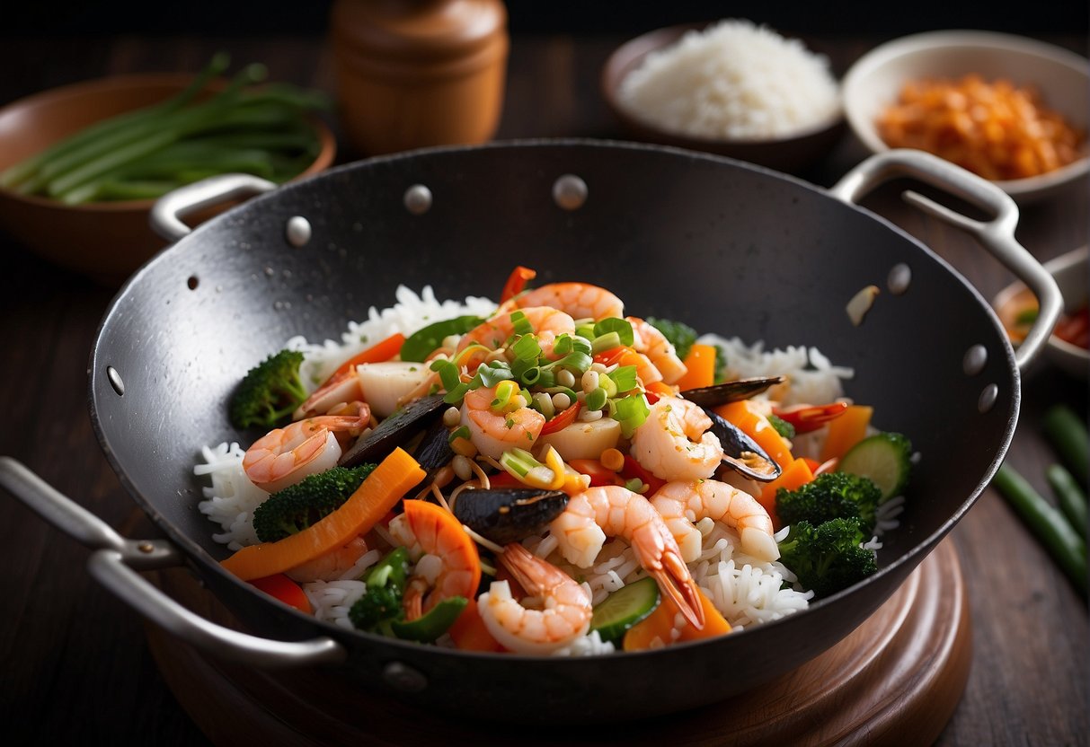 A wok sizzles with a medley of fresh seafood, vegetables, and fluffy rice, infused with aromatic Chinese spices and sauces