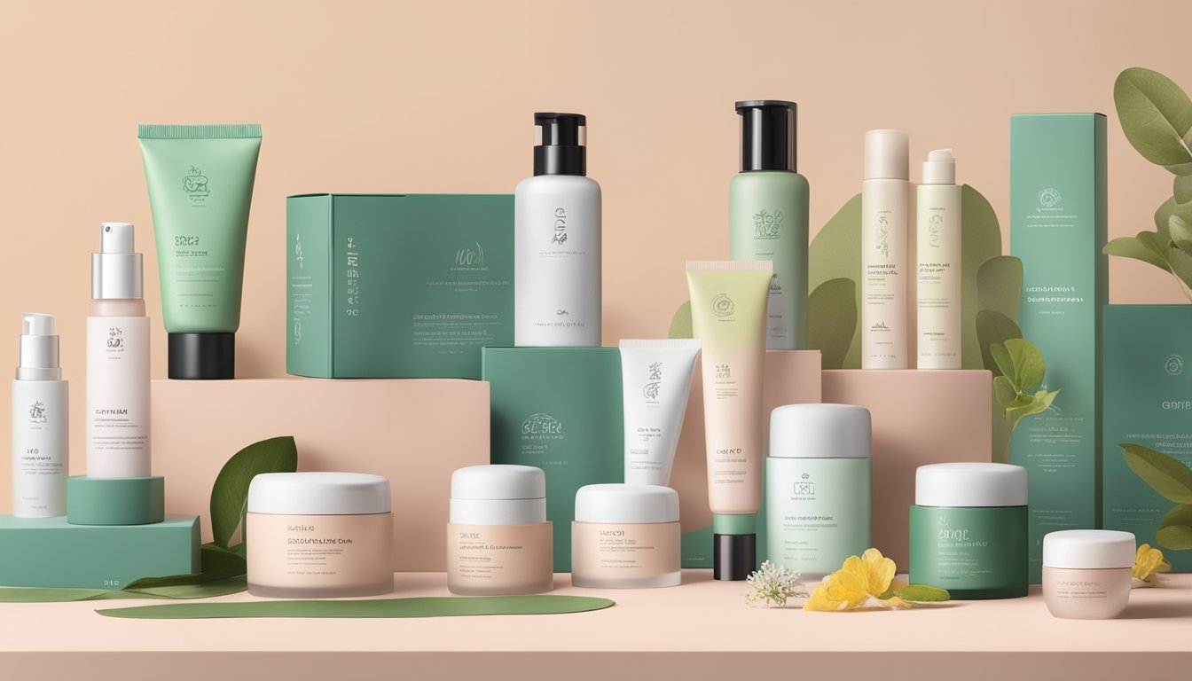 A Korean makeup brand's products displayed alongside eco-friendly packaging and ethical sourcing certificates