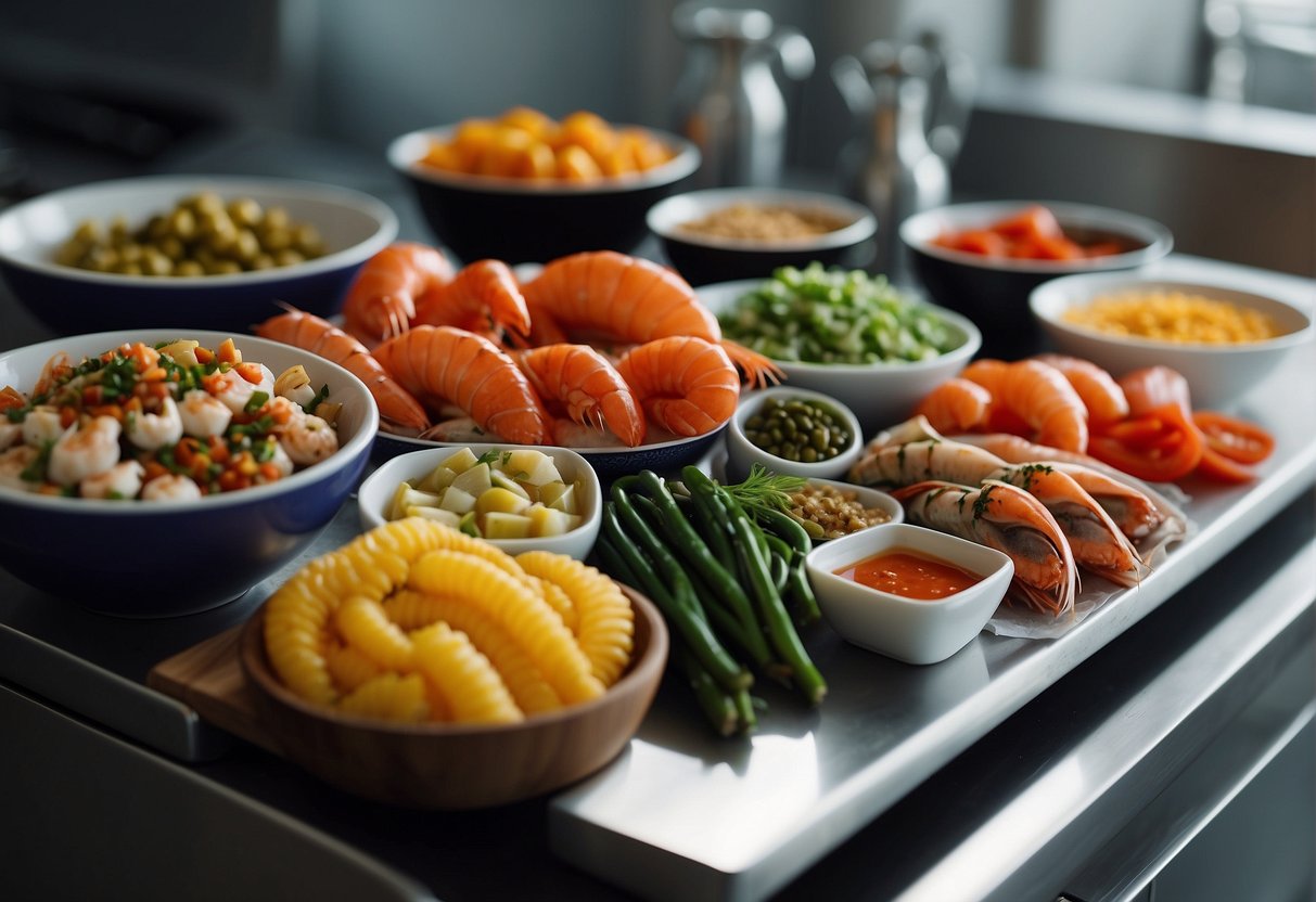 A colorful array of fresh seafood, vibrant vegetables, and aromatic spices are neatly organized on a clean kitchen counter, with a bowl of savory sauce waiting to be drizzled over the ingredients