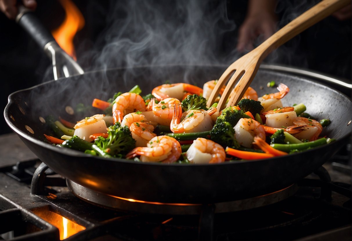 A wok sizzles over a high flame, filled with shrimp, scallops, and mixed vegetables. A chef's spatula tosses the ingredients as steam rises, filling the air with the aroma of soy sauce and garlic
