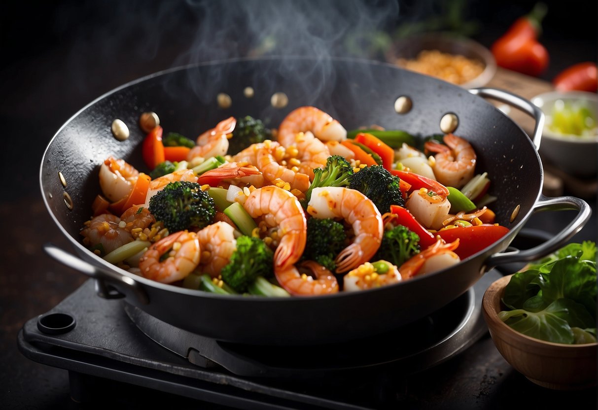 A wok sizzles as seafood and vegetables are stir-fried with cooked rice. Soy sauce and spices are added, creating a flavorful aroma