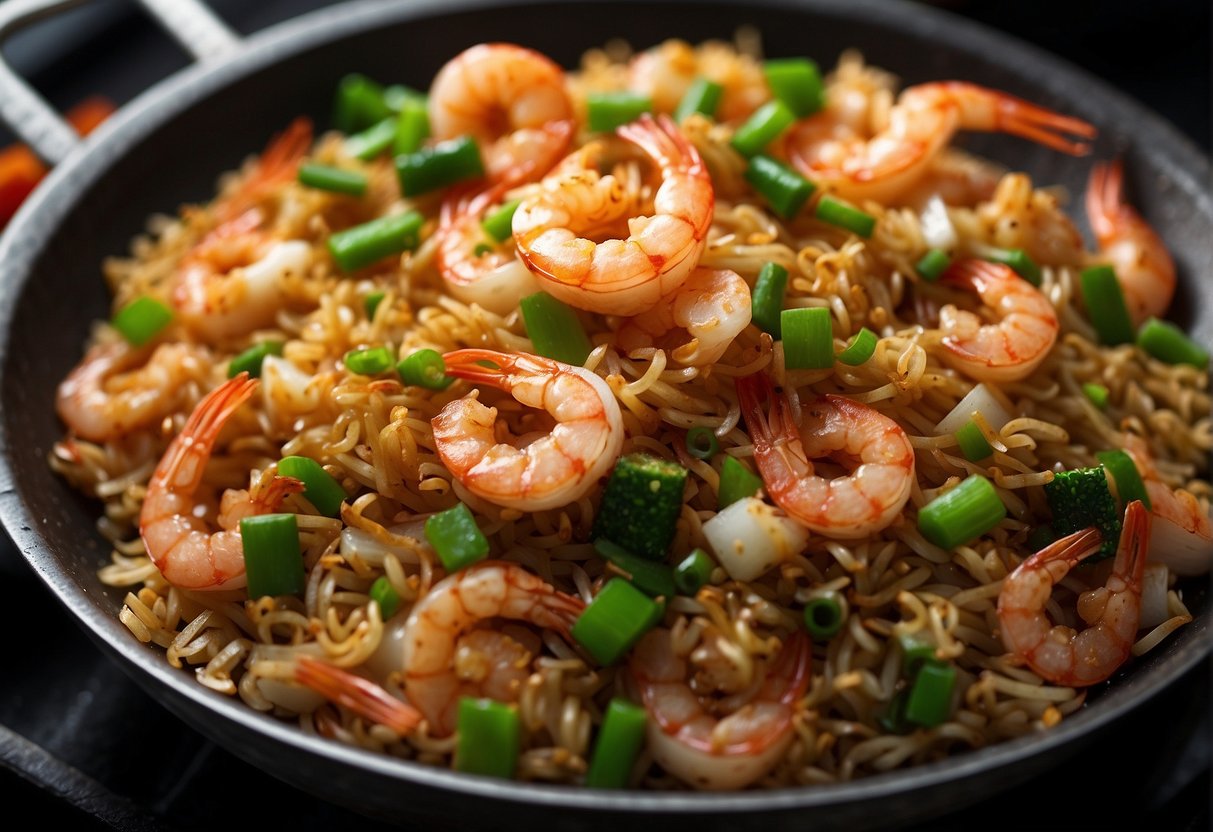 A wok sizzles with shrimp, squid, and vegetables stir-frying in fragrant sesame oil and soy sauce. A sprinkle of green onions adds a finishing touch to the sizzling Chinese seafood fried rice