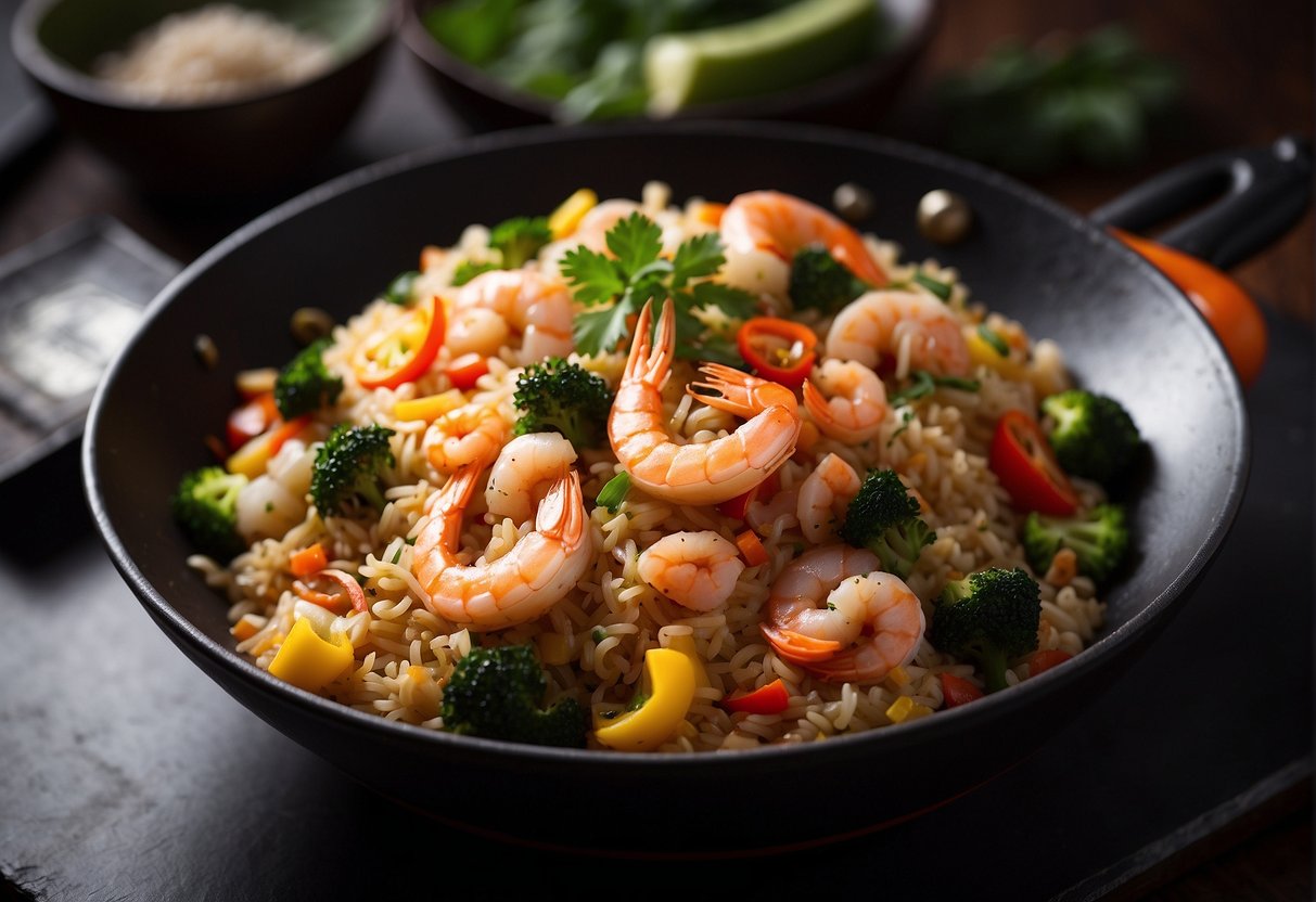A wok sizzles with fragrant seafood fried rice. Vibrant vegetables and succulent pieces of seafood are tossed together, creating a mouthwatering dish