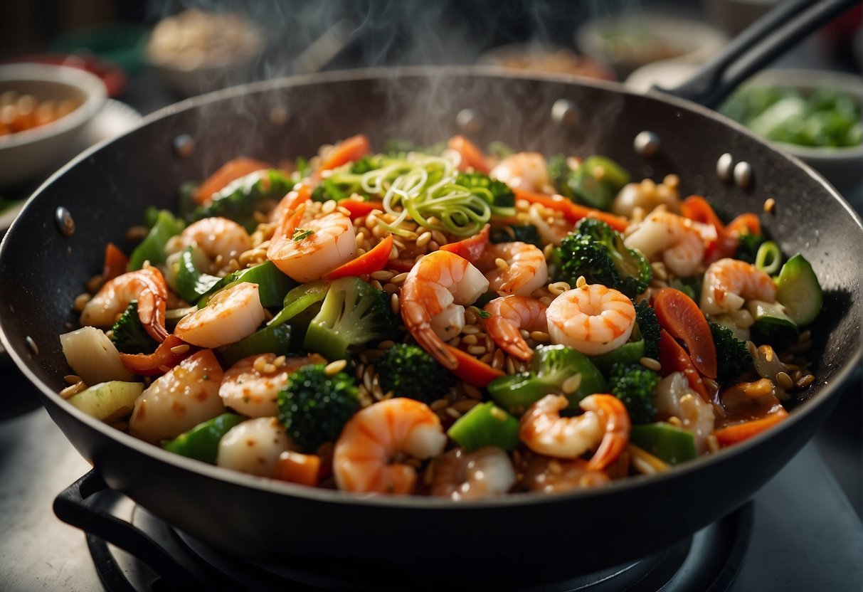 A sizzling wok stir-fries a colorful mix of seafood, rice, and vegetables, emitting a tantalizing aroma in a bustling Chinese kitchen
