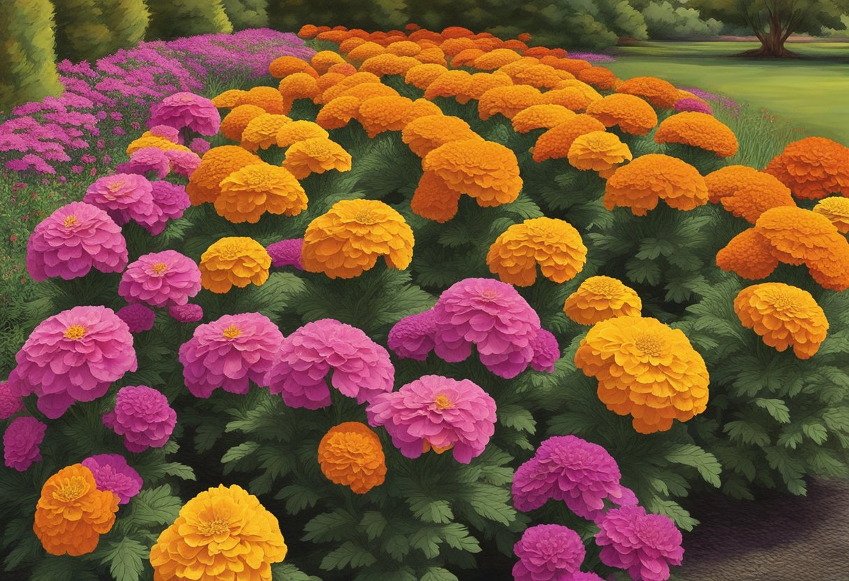 Marigolds are evenly spaced in a garden bed, with each plant about 8-10 inches apart, creating a colorful and vibrant display