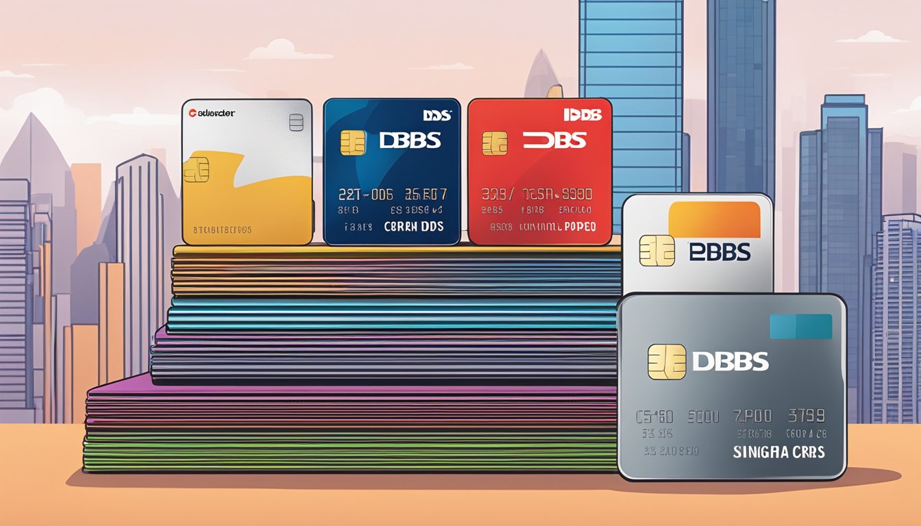 A stack of DBS credit cards arranged neatly on a sleek, modern desk with the Singapore skyline in the background