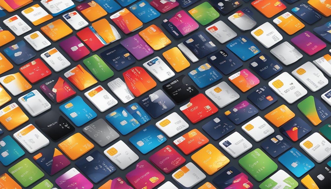 A pile of DBS credit cards arranged in a neat row, showcasing various designs and colors. The cards are placed on a sleek, modern surface, with the DBS logo prominently displayed