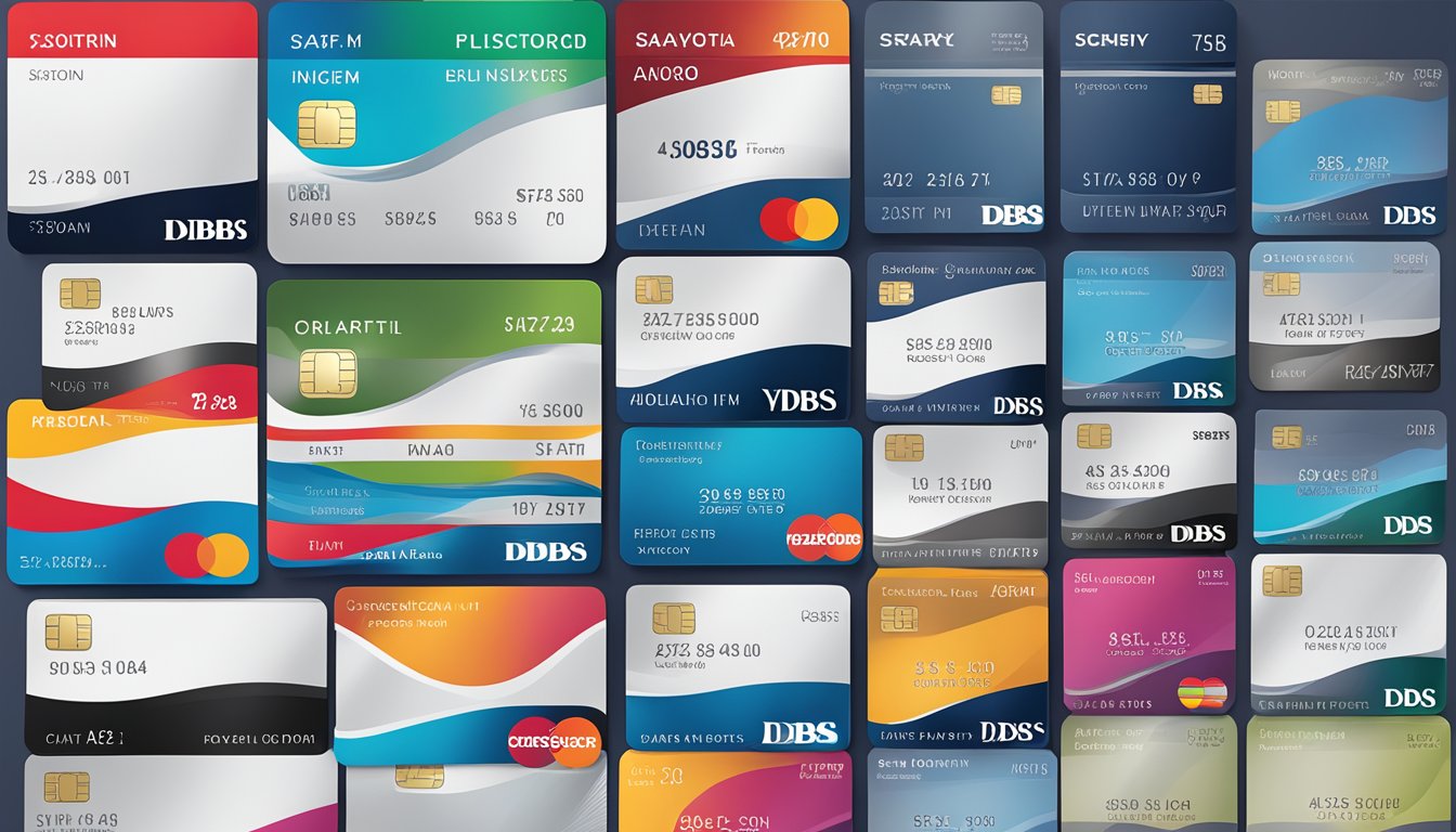 A stack of DBS credit cards with eligibility criteria listed beside each card