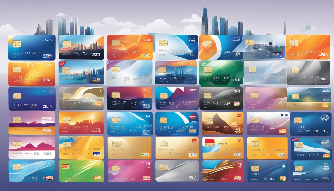 Various DBS credit cards arranged in a neat display, with logos and card designs visible. The Singapore skyline is subtly reflected in the shiny card surfaces