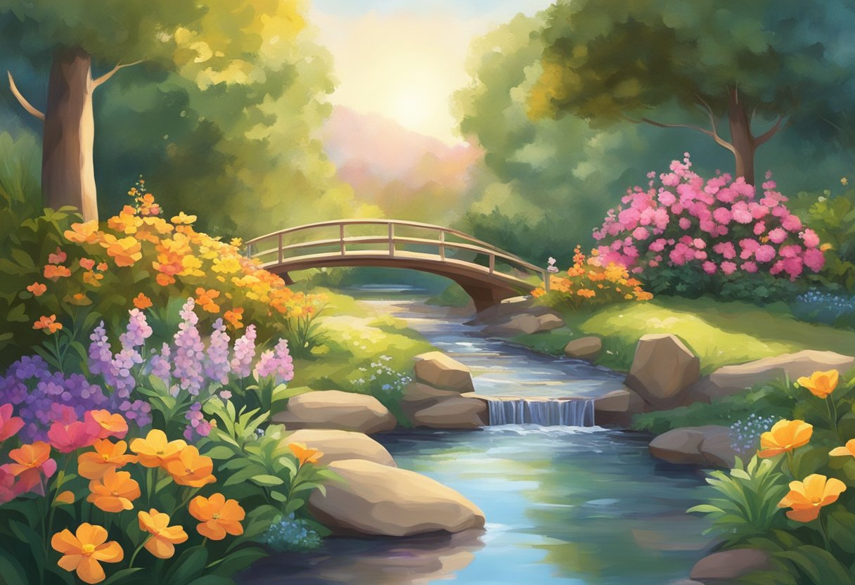 A serene garden with vibrant flowers and a gentle stream, bathed in warm sunlight, symbolizing hope and renewal