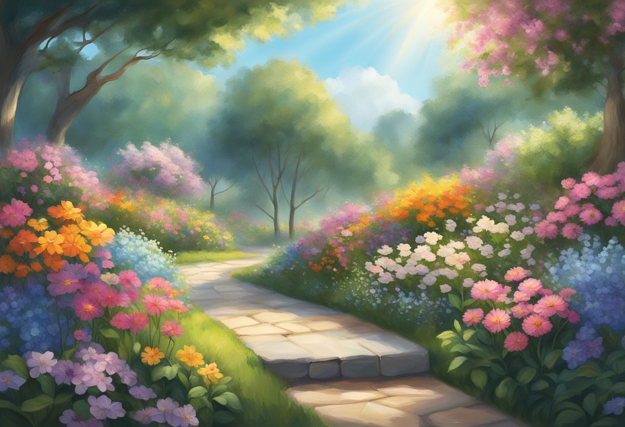 A serene garden with vibrant flowers and a gentle breeze, symbolizing hope and renewal. A beam of sunlight breaks through the clouds, representing a breakthrough in healing and recovery
