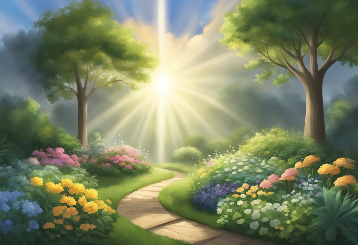 A serene garden with a beam of light breaking through the clouds, illuminating a path of hope and healing