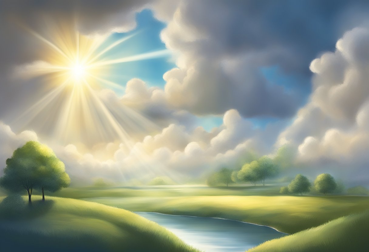 A serene, tranquil setting with rays of light shining through the clouds onto a peaceful landscape, symbolizing hope and breakthrough in healing and recovery