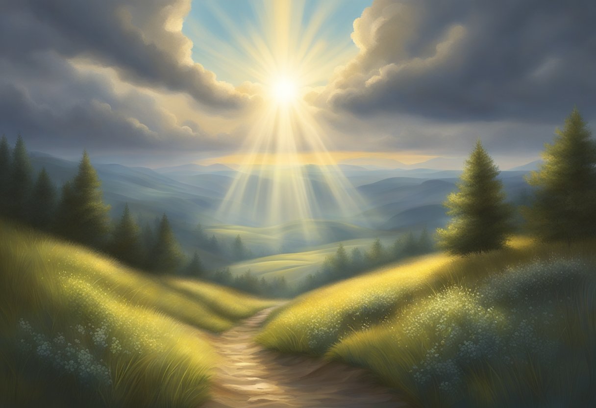 A radiant beam of light breaks through dark clouds, illuminating a serene landscape. A sense of hope and healing permeates the scene, evoking a feeling of breakthrough in prayers for healing and recovery