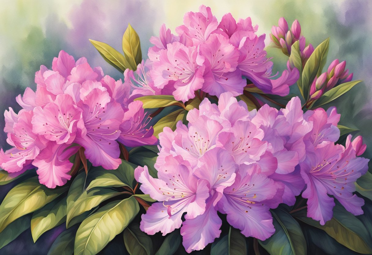 Vibrant rhododendron blooms last for several weeks, showcasing a spectrum of colors from soft pinks to rich purples against a backdrop of lush green foliage