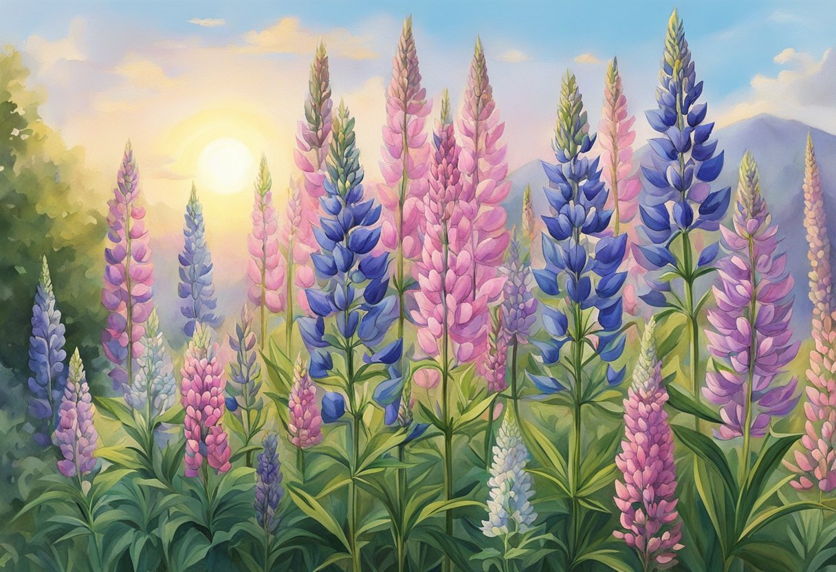 Lupins bloom for several weeks, their vibrant purple, pink, and blue flowers stretching towards the sun. The tall, spiky stalks sway gently in the breeze, creating a beautiful and colorful display in the garden