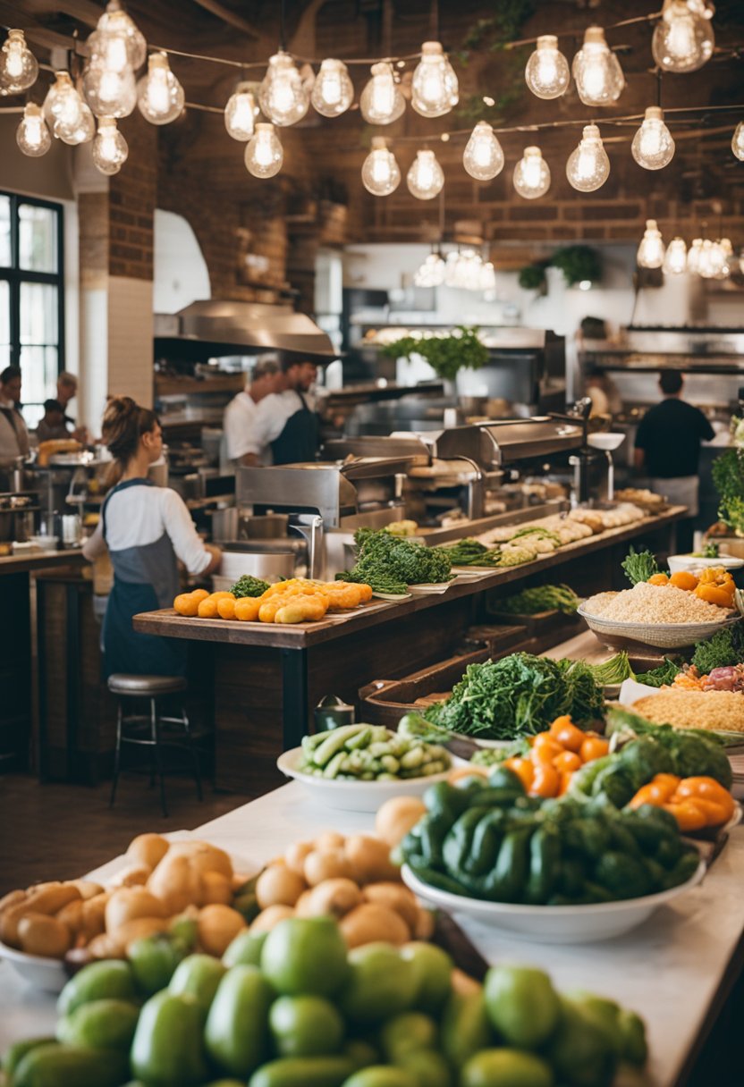 A bustling farm-to-table restaurant at Cafe Homestead in Waco, with fresh produce on display and diners enjoying their meals