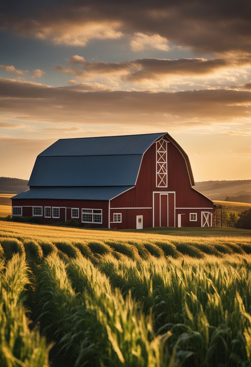 The rustic barn sits nestled among rolling hills, surrounded by fields of golden wheat and rows of vibrant vegetables. A warm glow emanates from the windows, inviting visitors to enjoy the farm-to-table experience at J. S. Barnett's Whiskey House