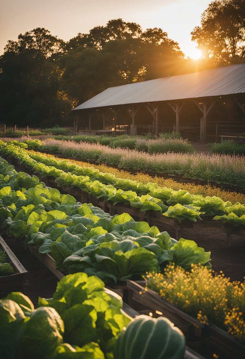 The sun sets behind the rustic barn, casting a warm glow over the rows of vibrant vegetables and herbs in the garden at Magnolia Table farm-to-table restaurant in Waco