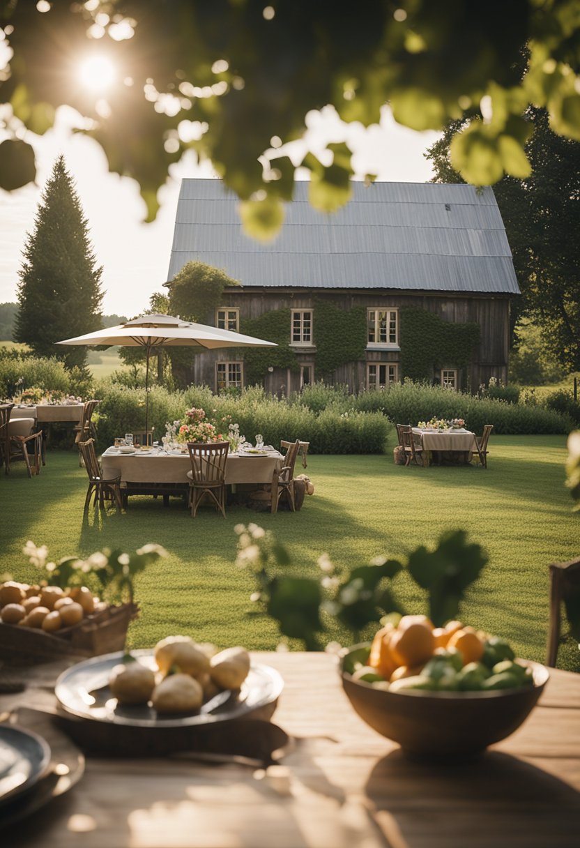 Lush fields surround a rustic farmhouse with a table set for a farm-to-table meal. A chef gathers fresh produce while guests enjoy the serene atmosphere