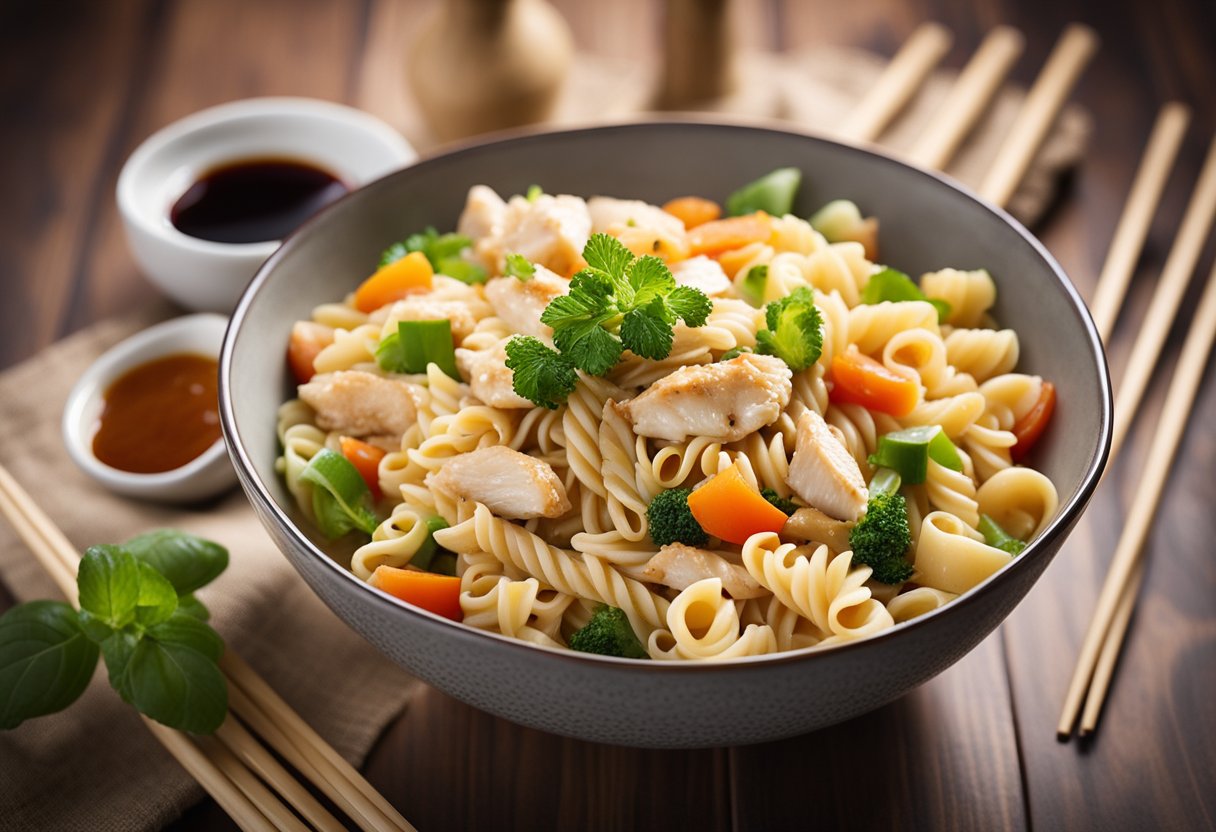 A colorful bowl of Chinese Chicken Pasta Salad sits on a wooden table, surrounded by chopsticks and a bottle of soy sauce