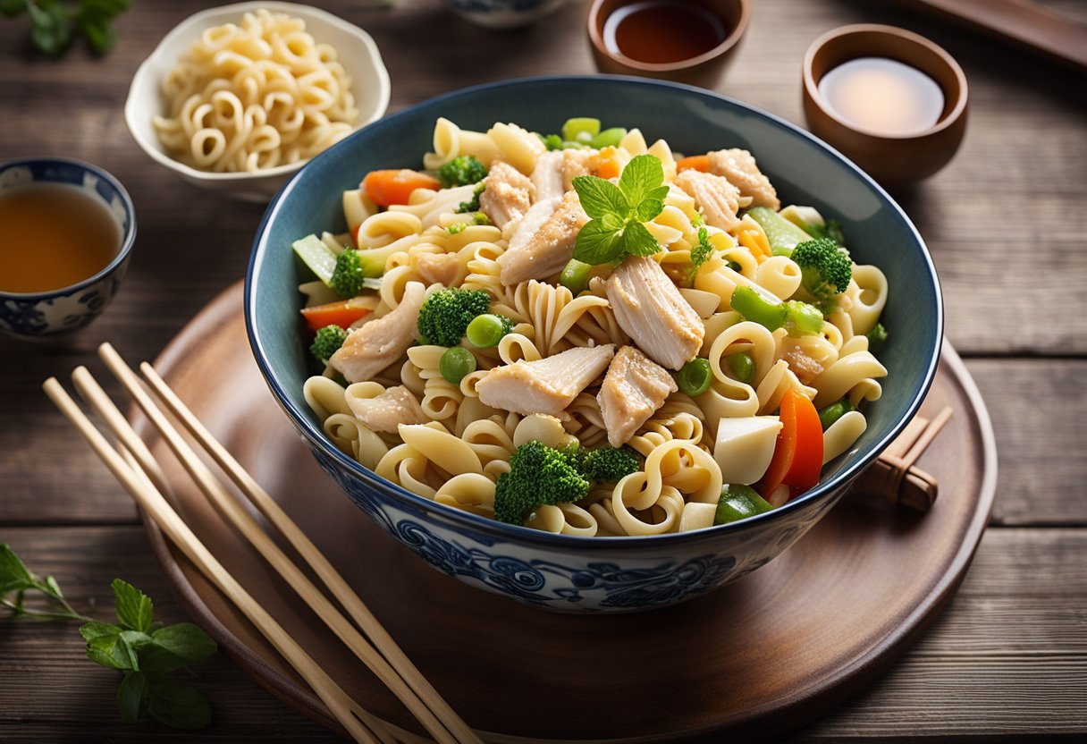 A large bowl of Chinese chicken pasta salad sits on a wooden table, surrounded by chopsticks and a traditional Chinese tea set