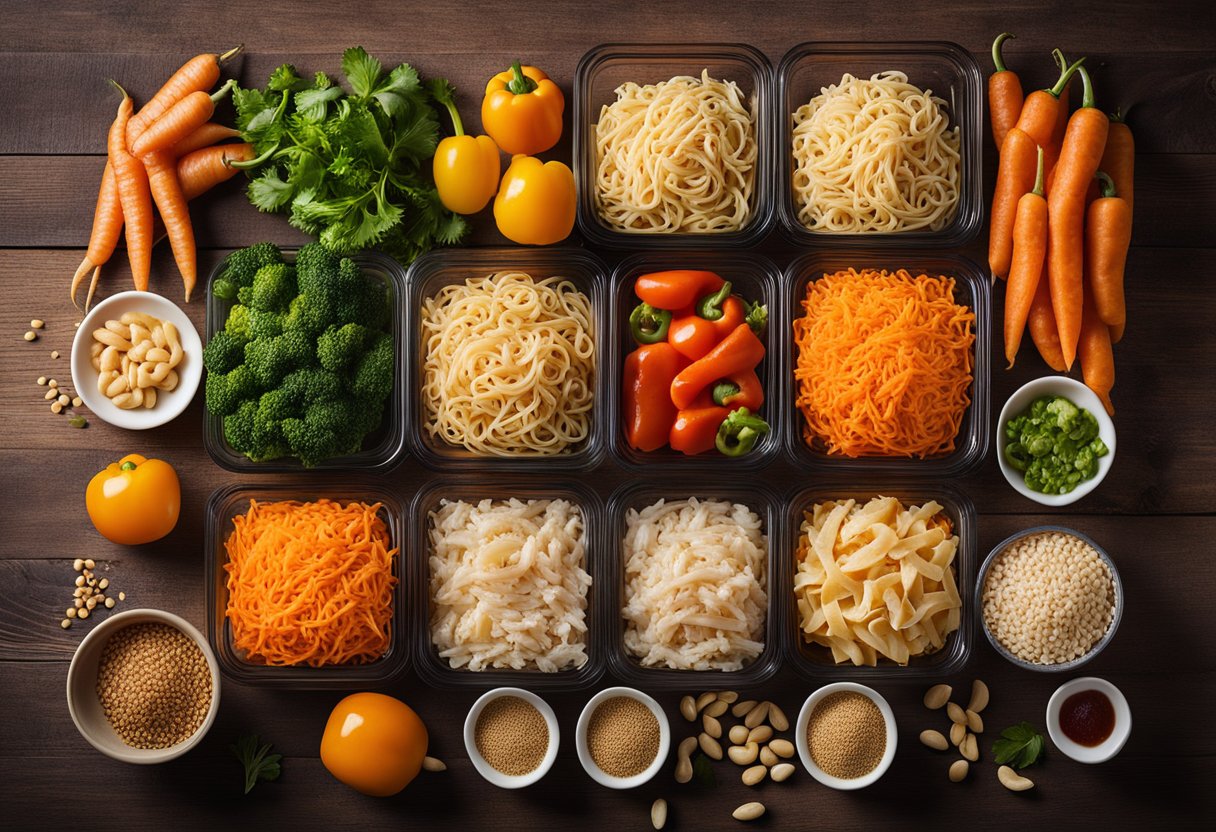 A colorful array of ingredients: shredded chicken, noodles, carrots, bell peppers, and sesame seeds. Variations include adding peanuts or swapping out the chicken for tofu