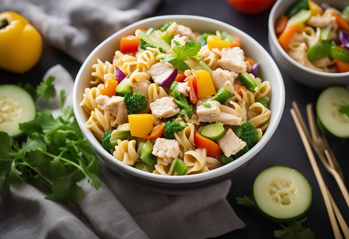 A colorful bowl of Chinese chicken pasta salad with vibrant veggies, tender chicken, and a light, flavorful dressing