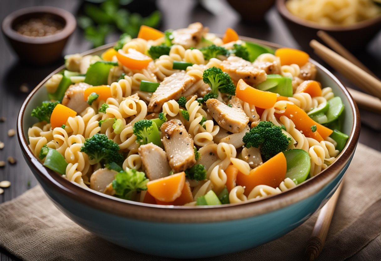 A bowl of Chinese chicken pasta salad is being served on a wooden table, garnished with fresh vegetables and sesame seeds, with chopsticks resting on the side