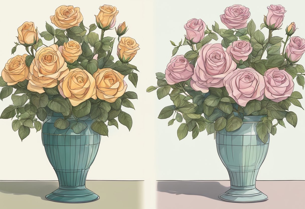 Fresh roses in a tall vase. Trim stems at an angle. Change water every 2 days. Keep out of direct sunlight
