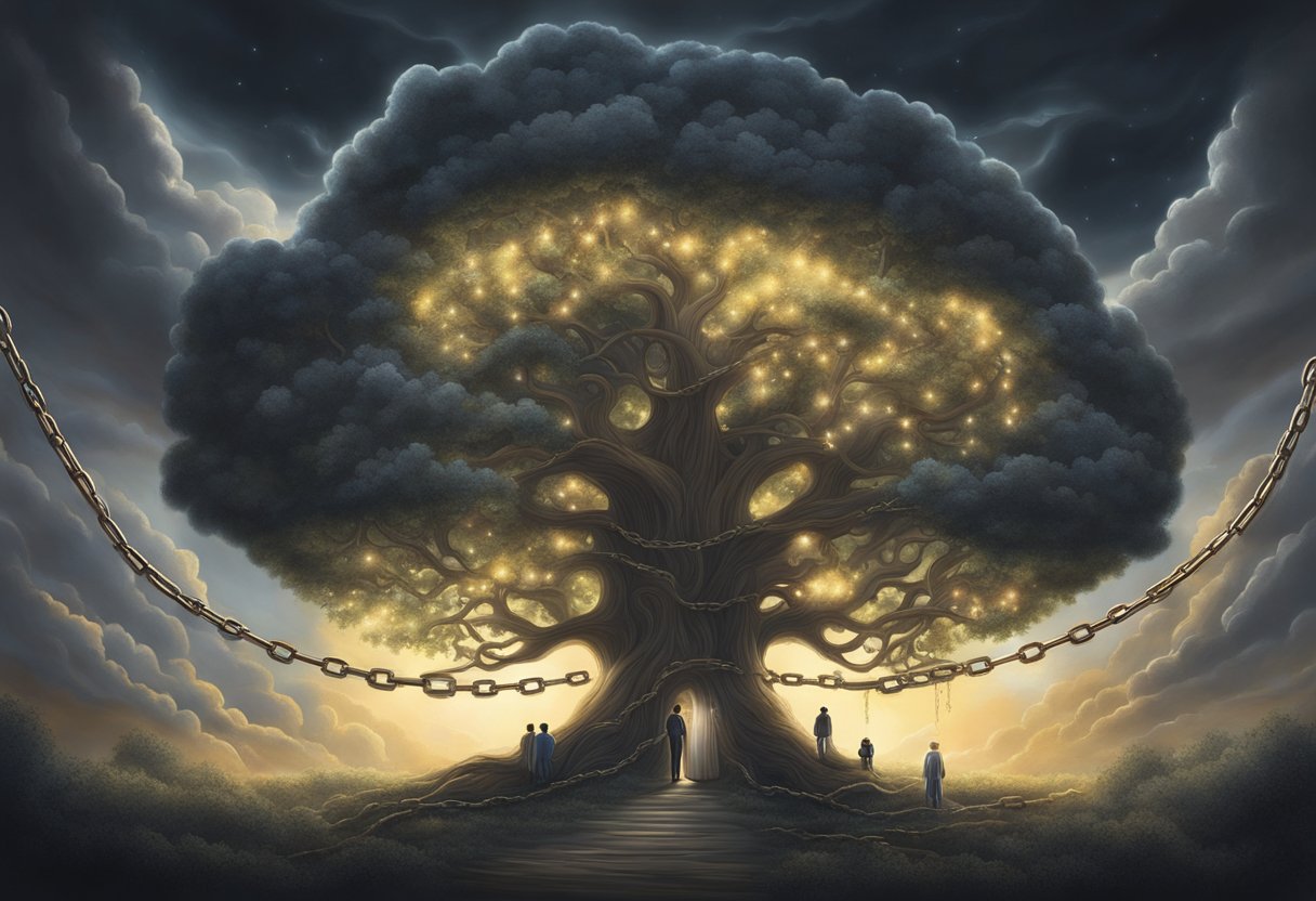A dark, swirling cloud looms over a family tree, with chains and shackles representing generational curses. A radiant beam of light breaks through, signifying spiritual warfare and the power of prayer
