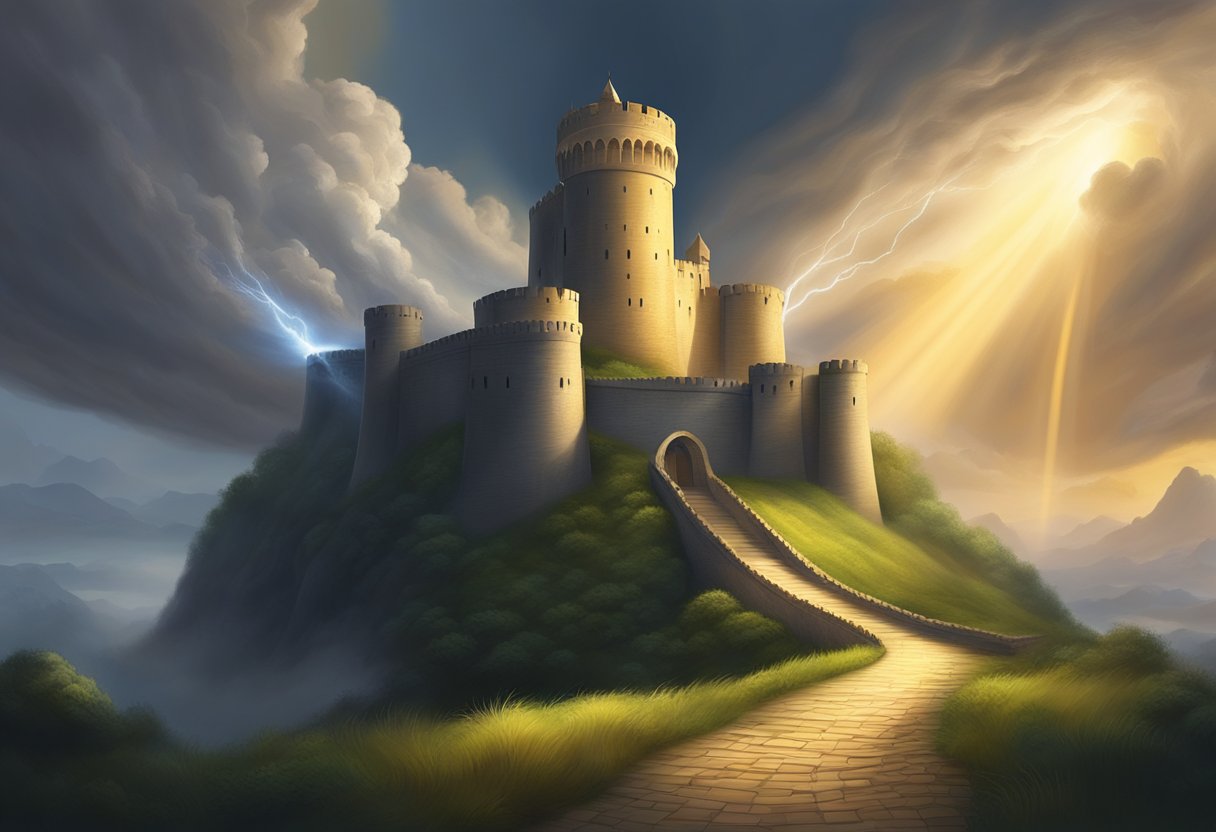 A radiant beam of light pierces through dark clouds, illuminating a path towards a towering fortress. Surrounding the fortress, a swirling vortex of energy repels unseen forces of darkness