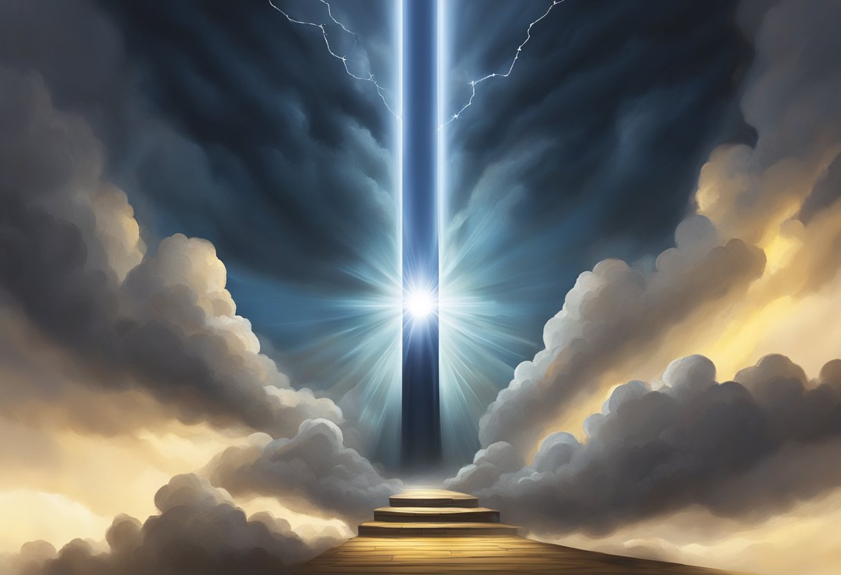 A powerful beam of light pierces through dark clouds, illuminating a path. Surrounding the light, shadows of chains and broken links dissipate, symbolizing the breaking of generational curses through spiritual warfare
